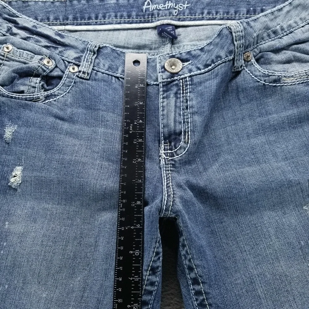 Amethyst Jeans Womens 16 Blue Bootcut Low Rise Distressed Stretch Embroidered - Picture 7 of 10